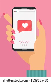 Like Mobile Mobile Concept. Female Hand Holding Smartphone With Heart Emoji Message On Screen, Like Button. Love Confession, Like. Social Network And Mobile Device. Flat Cartoon Vector Illustration.