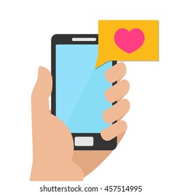 Like mobile concept. Hand holding a phone to which it was a letter with like. Vector Illustration