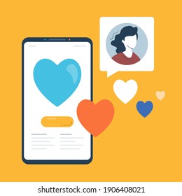 Like. Mobile phone with a lot of hearts and speech bubble with girl image. Mobile app and likes concept. Modern flat line design. Vector illustration