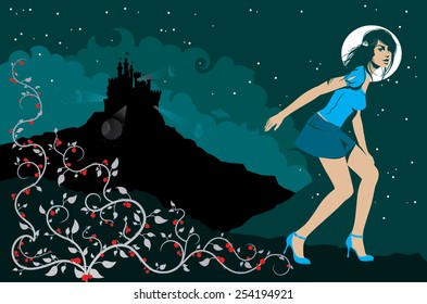 Like a modern princess, a young beautiful young woman stands next to a berries bush with spiral branches. On the background there are: a castle, mountains, clouds, sky, stars and the moon.