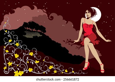 Like a modern princess, a young beautiful young woman stands next to a flowery bush with spiral branches. On the background there are: a lake, mountains, trees, clouds, sky, stars and the moon.