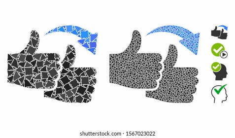 Like for like mosaic of trembly pieces in different sizes and shades, based on like for like icon. Vector abrupt pieces are grouped into mosaic. Social proof icons collage with dotted pattern.