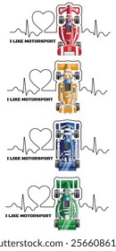I like motorsports. Lettering. Set of sports cars the background of a heart and pulse. Isolated on white background. Vector illustration.