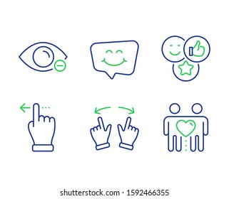 Like, Move gesture and Touchscreen gesture line icons set. Smile chat, Myopia and Friends couple signs. Social media likes, Swipe, Slide left. Happy face. People set. Line like outline icons. Vector