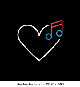 Wie Musik auf schwarzem Hintergrund Symbol. Musikalische Note Symbol, Musiksymbol mit Herzzeichen. Symbol für musikalische Noten und Favorit, z. B. Liebe, Pflegesymbol