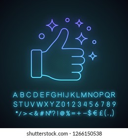 Like neon light icon. Thumbs up. Good, nice, ok hand gesture. Social media button. Rating, ranking. Glowing sign with alphabet, numbers and symbols. Vector isolated illustration