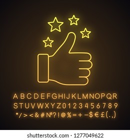 Like neon light icon. Thumbs up. Good, nice, ok hand gesture. Social media button. Rating, ranking. Glowing sign with alphabet, numbers and symbols. Vector isolated illustration