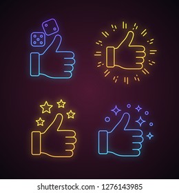 Like neon light icons set. Gambling games, thumbs up, success. Social media likes. Good, cool, ok hand gestures. Rating, ranking. Glowing signs. Vector isolated illustrations