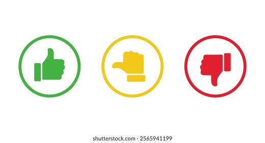 Like, neutral, and dislike hand icon on circle outline. Thumb up, middle, and down color sign symbol