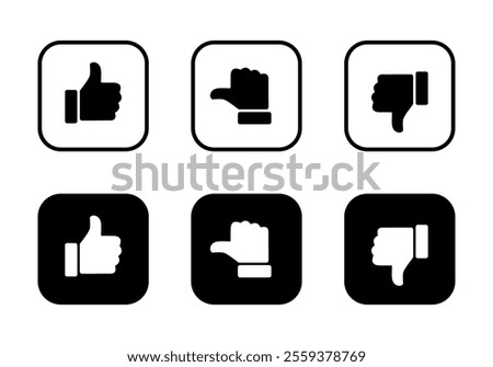 Like, neutral, and dislike sign icon on black square. Thumb up, middle, and down symbol