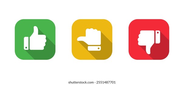 Like, neutral, and dislike thumb icon on with long shadow. Feedback sign symbol