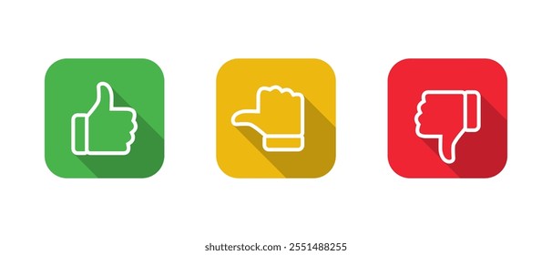 Like, neutral, and dislike thumb line icon with long shadow. Feedback sign symbol on square background