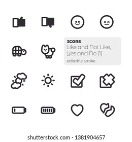 Like and Not Like, Yes and No (1), Editable Stroke Vector Icon Set