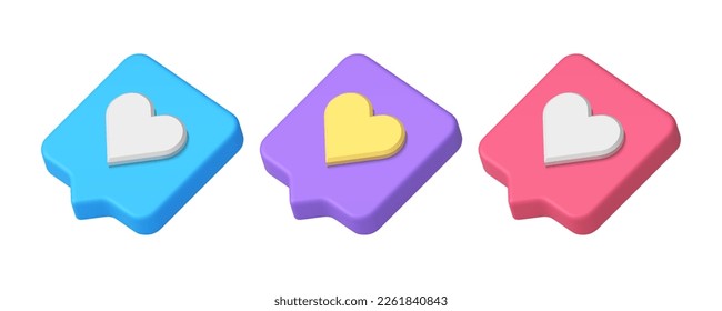 Like notification social media evaluation love communication 3d icon set realistic vector illustration. Virtual flirting notification cyberspace app badge dating alert message chatting following