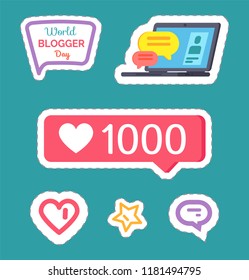 Like numbers and stickers, star heart, screen of laptop with chatting boxes communication profile of user. Set of patches with thought bubble vector