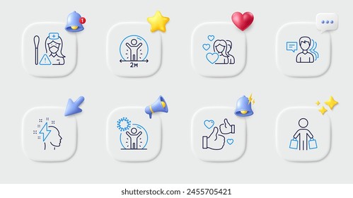 Like, Nurse and Social distance line icons. Buttons with 3d bell, chat speech, cursor. Pack of People, Brainstorming, Couple icon. Buyer, Coronavirus protection pictogram. Vector