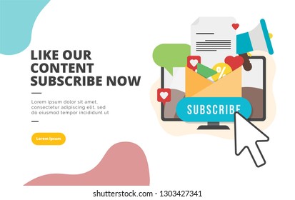 Like our Content Subscribe Now flat design banner illustration concept for digital marketing and business promotion