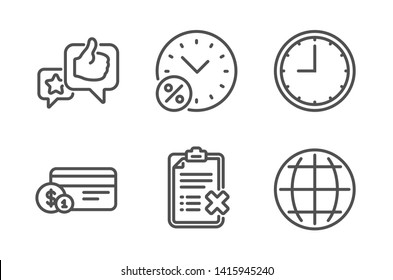 Like, Payment method and Loan percent icons simple set. Time, Reject checklist and Globe signs. Star rating, Cash or non-cash payment. Technology set. Line like icon. Editable stroke. Vector