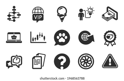 Like, Pets care and Online shopping icons simple set. Question mark, Love award and Candlestick graph signs. Business idea, Cash and Ice cream symbols. Vip internet, Documents and Fan engine. Vector