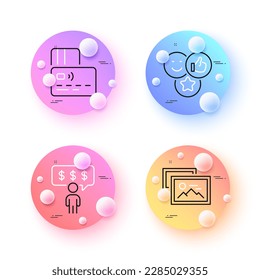 Like, Photo album and Employee benefits minimal line icons. 3d spheres or balls buttons. Card icons. For web, application, printing. Social media likes, Image gallery, Salary man. Bank payment. Vector