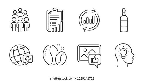 Like photo, Brandy bottle and Group people line icons set. Coffee beans, World medicine and Checklist signs. Idea head, Update data symbols. Thumbs up, Whiskey, Business meeting. Vector