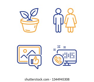 Like photo, Leaves and Restroom icons simple set. Web call sign. Thumbs up, Grow plant, Wc toilet. Phone support. Business set. Linear like photo icon. Colorful design set. Vector