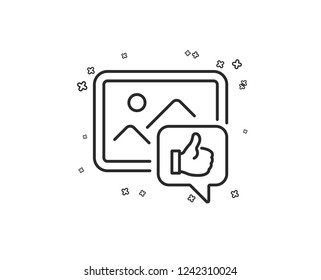 Like photo line icon. Thumbs up sign. Positive feedback, social media symbol. Geometric shapes. Random cross elements. Linear Like photo icon design. Vector