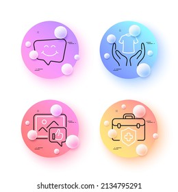 Like photo, Smile chat and Hold t-shirt minimal line icons. 3d spheres or balls buttons. Medical insurance icons. For web, application, printing. Thumbs up, Happy face, Laundry shirt. Vector