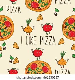 I like pizza. Seamless pattern with hand drawn pizza for pizzeria menu, textile, wallpapers, gift wrap and scrapbook. Vector illustration