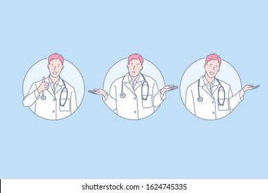 Like, question, promotion set concept. Young man doctor shows like. Happy guy therapist is making promotion or offer. Healthcare worker does not know answer on complicated question. Simple flat vector