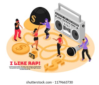 I like rap retro design concept with cassette player microphone singing and dancing teens isometric vector illustration