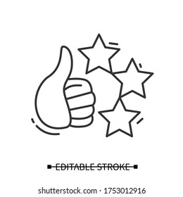 Icono de "Me gusta y califica". Sube un pictograma lineal con estrellas. Opinión positiva y concepto de experiencia de calidad de los clientes. Ilustración de vector de trazo editable para servicio de marketing en línea y web
