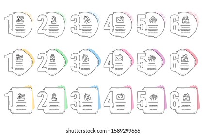 Like, Reception desk and Seo devices line icons set. Infographic timeline. Hospital nurse, Bio tags and New mail signs. Social media likes, Hotel service, Mobile stats. Medical assistant. Vector