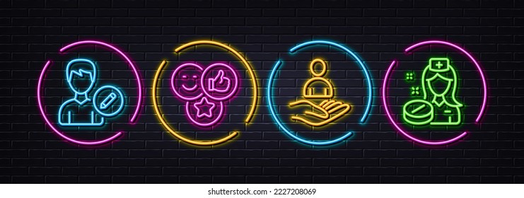 Like, Recruitment and Edit person minimal line icons. Neon laser 3d lights. Nurse icons. For web, application, printing. Social media likes, Hr, Change user info. Medicine pill. Vector