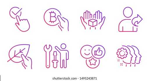 Like, Refer friend and Repairman line icons set. Bitcoin pay, Organic tested and Hold box signs. Checkbox, Employees teamwork symbols. Social media likes, Share. People set. Gradient like icon. Vector