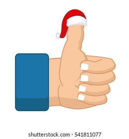 Like Santa Claus. Thumb up. Symbol all right. success gesture. Red Christmas hat