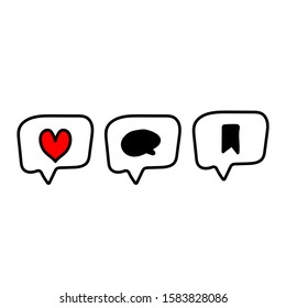 Like, Saved , comment icons. Vector doodle illustration.
