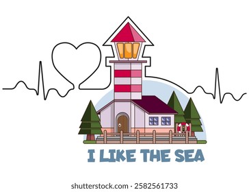 I like the sea. Lettering. Side view. Lighthouse against the background of heart and pulse. Isolated on white background. Vector illustration.