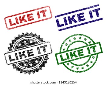 LIKE IT seal prints with damaged surface. Black, green,red,blue vector rubber prints of LIKE IT caption with dust surface. Rubber seals with circle, rectangle, medallion shapes.