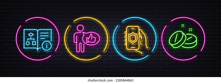 Like, Security app and Technical algorithm minimal line icons. Neon laser 3d lights. Medical tablet icons. For web, application, printing. Thumbs up, Smartphone protection, Project doc. Vector