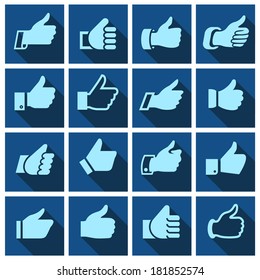 Like, set icons on blue squares, hands with shadow. Vector illustration