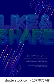 Like and Share big text dot and dash line pattern layer overlay design, Poster banner or flyer template layout design illustration isolated on blue background with copy space, vector eps10