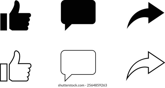 like Share and comment icon buttons isolated on transparent background. Like button thumb up like comment, repost and share icon button. Vector flat and line collection