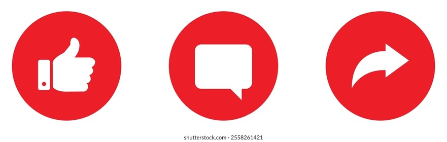 Like, Share and comment icons buttons set with red color. Like icon button, thumb up, comment, repost and share icon buttons. Social media icons set. Flat style. Vector illustration.