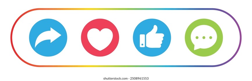 Like, Share, comment and love heart icon buttons in color on white background. Like button, thumb up, love and heart, comment, repost and share icon button. Vector illustration.
