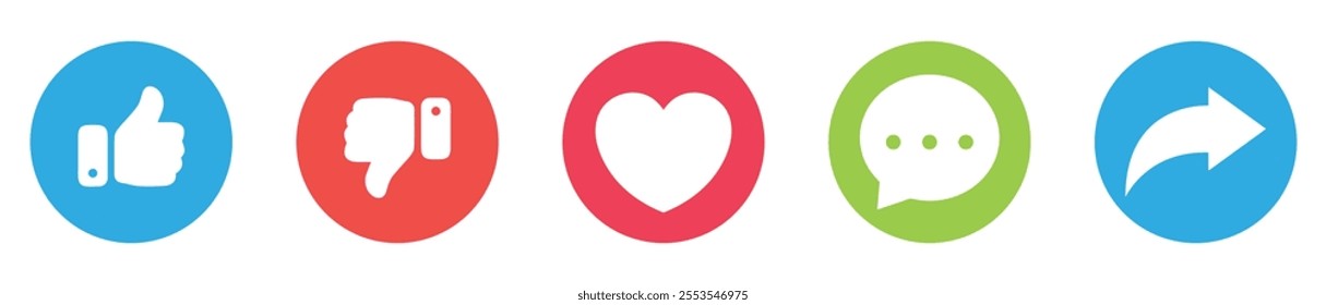 Like, Share, comment and love heart icon buttons.love, heart, thumb up, comment, share, . Vector illustration.