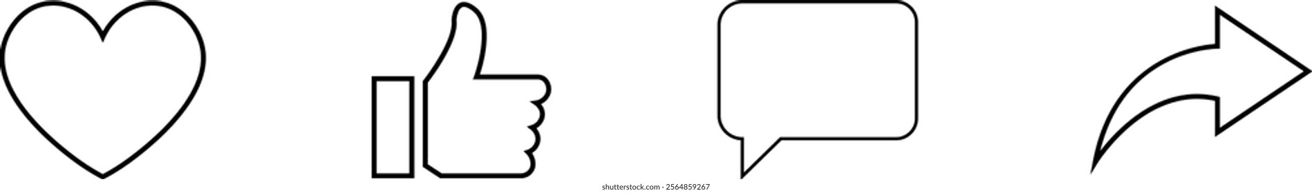 Like Share comment and love heart icon buttons isolated on transparent background. Like button, thumb up, love and heart, comment, repost and share icon button. Vector flat and line collection