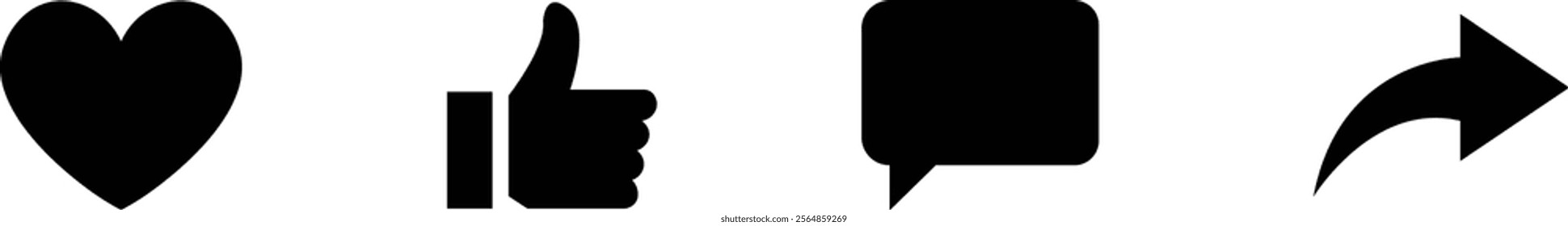 Like Share comment and love heart icon buttons isolated on transparent background. Like button, thumb up, love and heart, comment, repost and share icon button. Vector flat and line collection