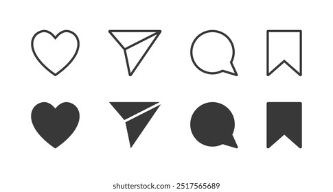 Like share comment and save button solid line icons. Web social network user interface icon set