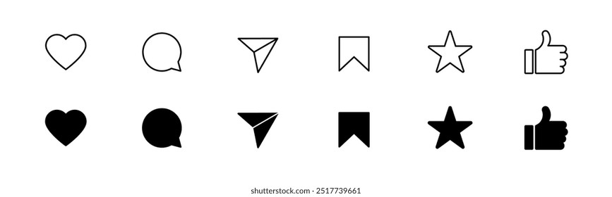 Como, compartilhar, comentar e salvar conjunto de ícones. Polegar para cima e símbolo de estrela. Botão de reação de mídia social